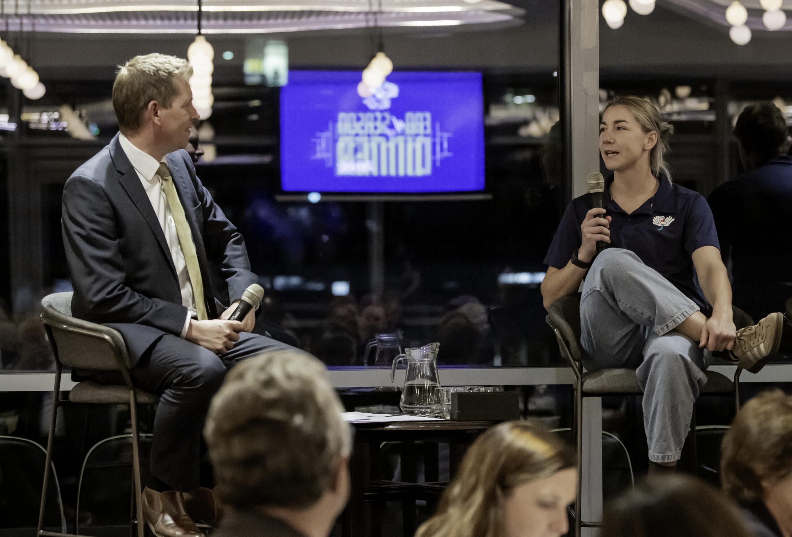 Picture by Allan McKenzie/SWpix.com - 25/09/2025 - Cricket - Yorkshire County Cricket Club End of Season Dinner - Headingley Cricket Ground, Leeds, England - Ami Cambell is interviewed by Richard Graves after being awarded the Yorkshire Women Members' Player of the Year award.